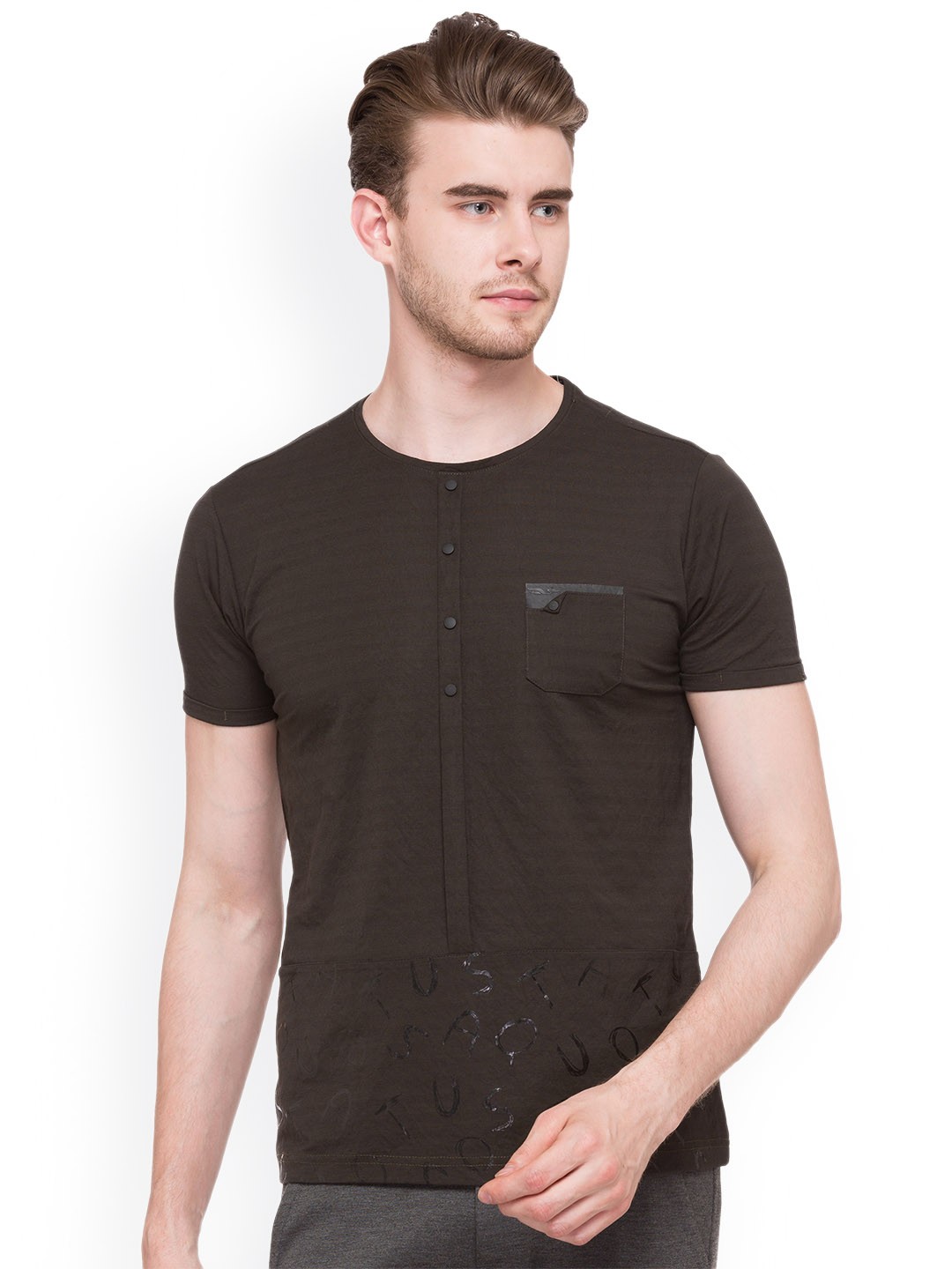 Status Quo Men Olive Green Printed Henley Neck Pure Cotton T-shirt