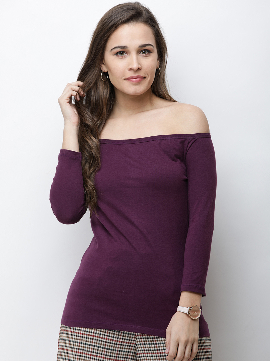 

Cation Women Burgundy Solid Bardot Pure Cotton Top
