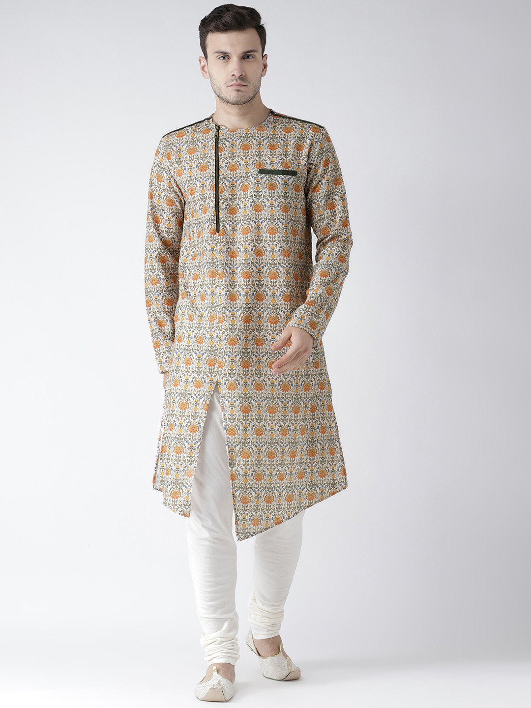 

KISAH Men White & Orange Printed Straight Kurta