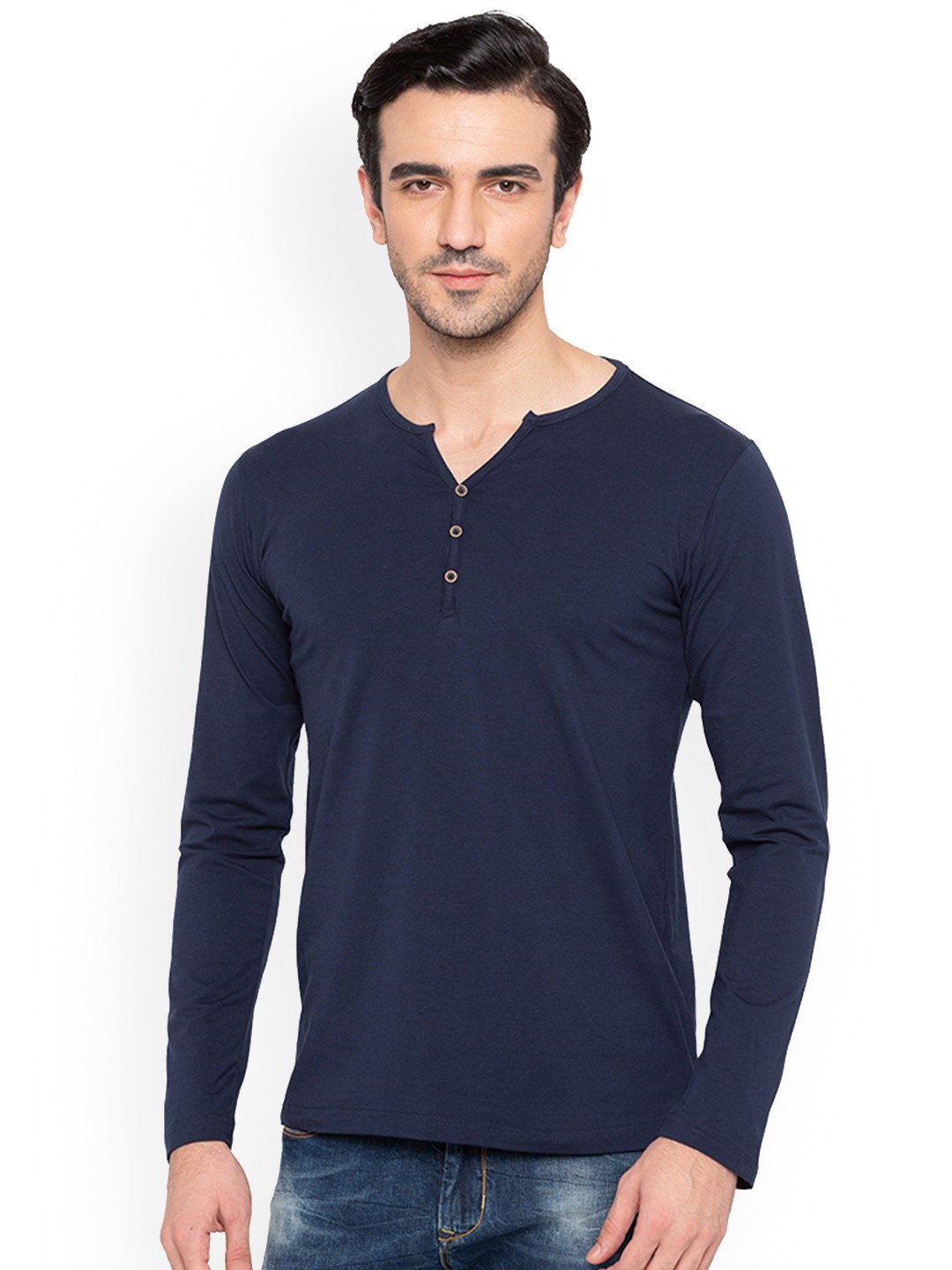 

Status Quo Men Navy Blue Solid Henley Neck Slim Fit Pure Cotton T-shirt