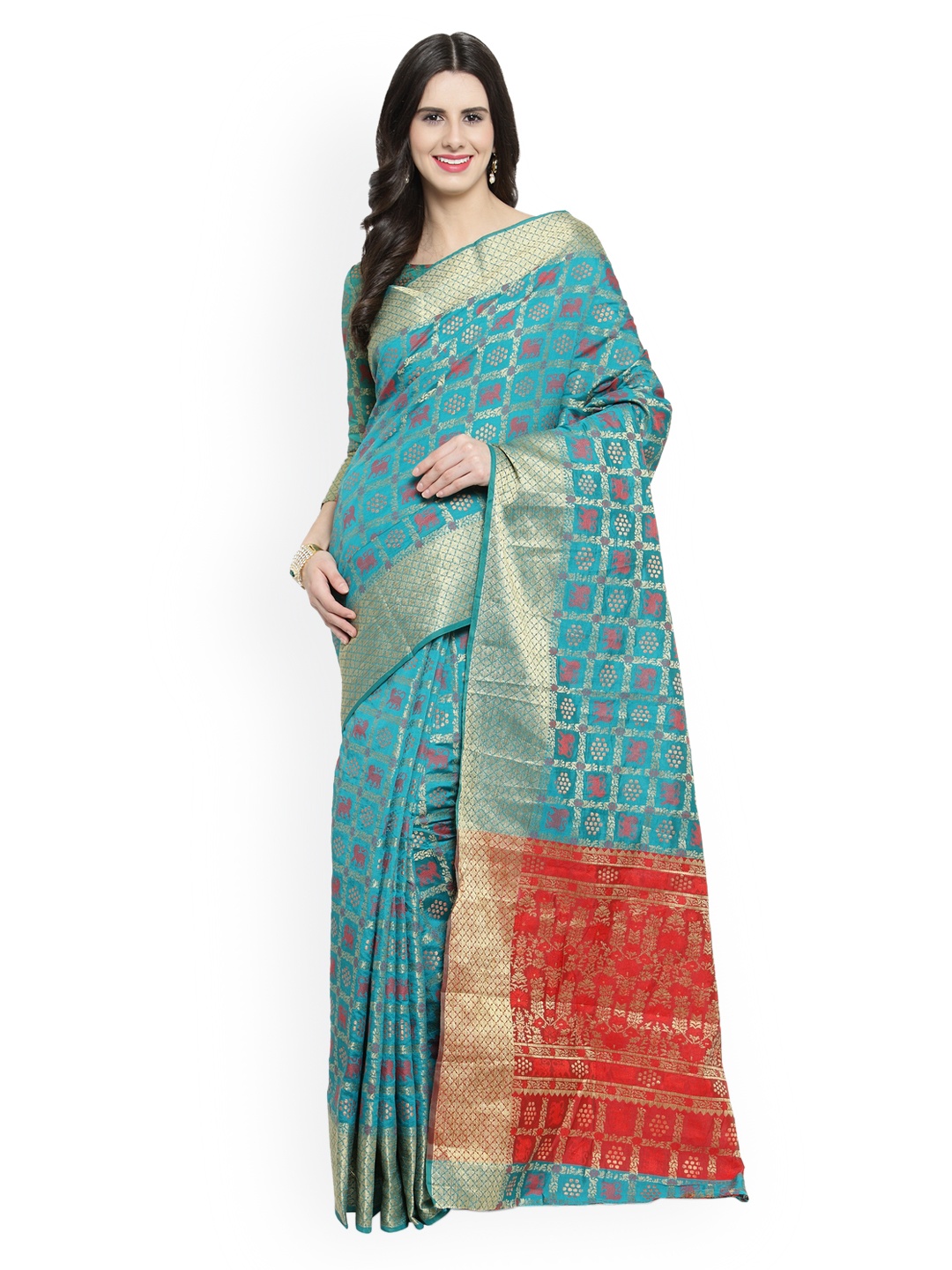 

Shaily Turquoise Blue & Red Woven Design Patola Saree