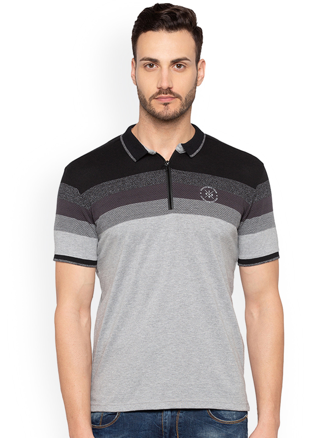 

Status Quo Men Grey Striped Polo Collar Slim Fit Pure Cotton T-shirt