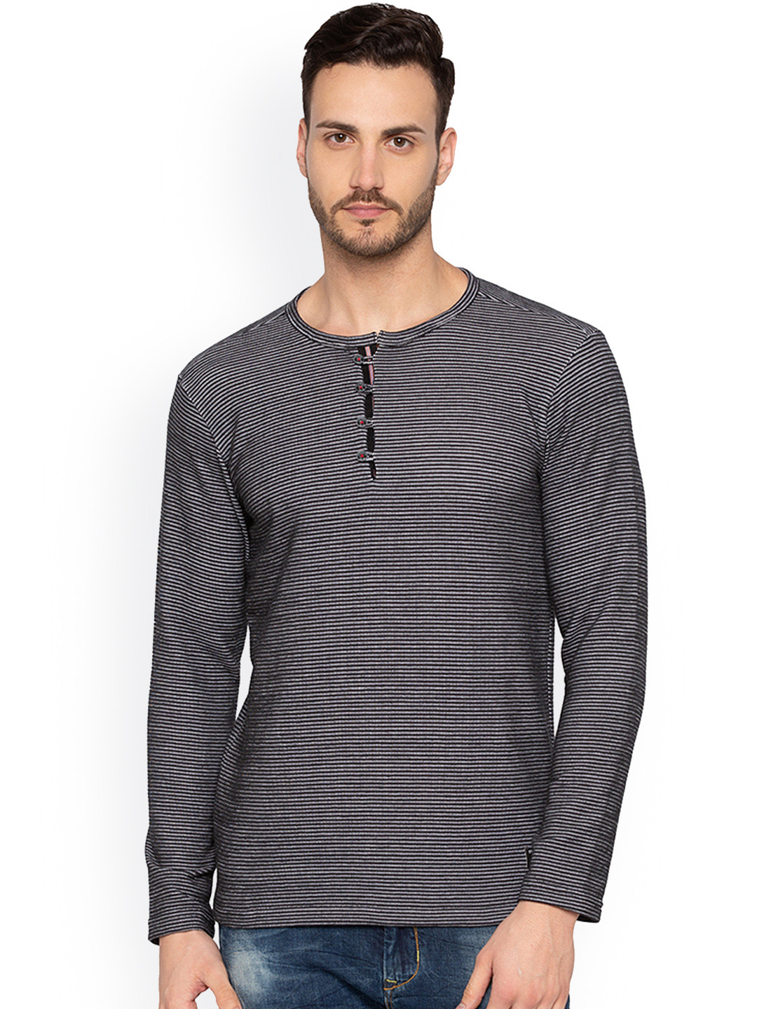 

Status Quo Men Black Striped Henley Neck Pure Cotton T-shirt