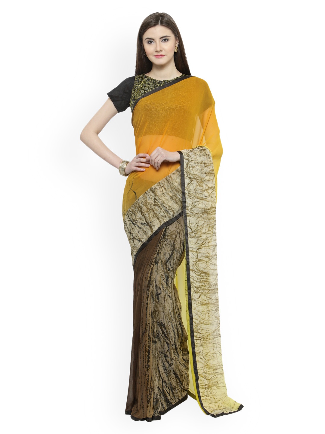 

Shaily Yellow & Orange Pure Georgette Embellished Saree