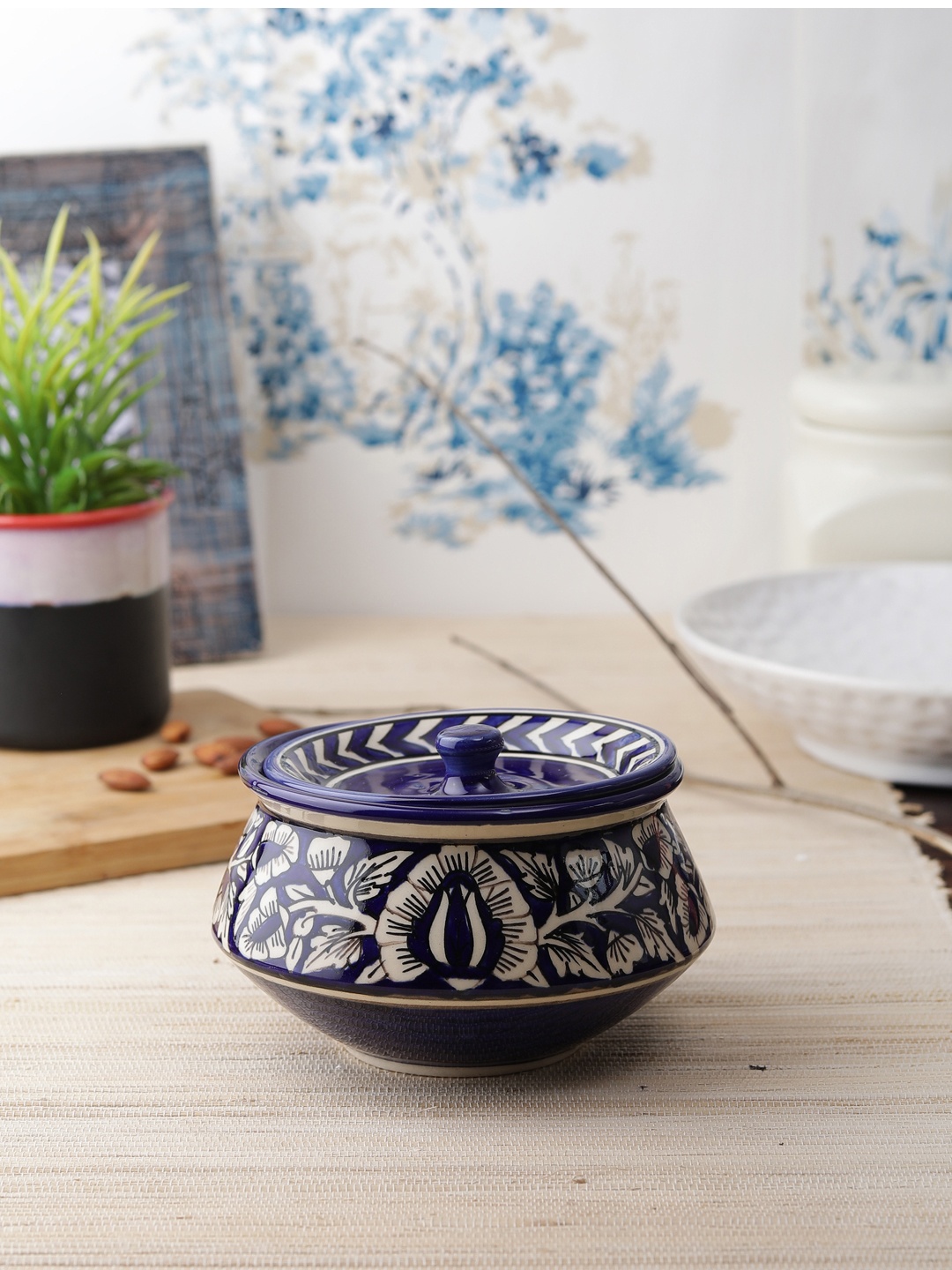 

VarEesha Blue Printed Hand-Painted Ceramic Serving Bowl with Lid