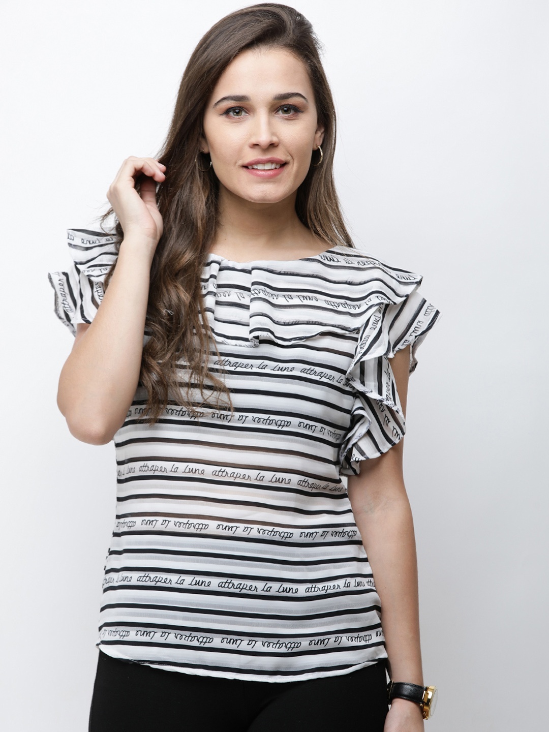 Cation Women White & Black Striped Top