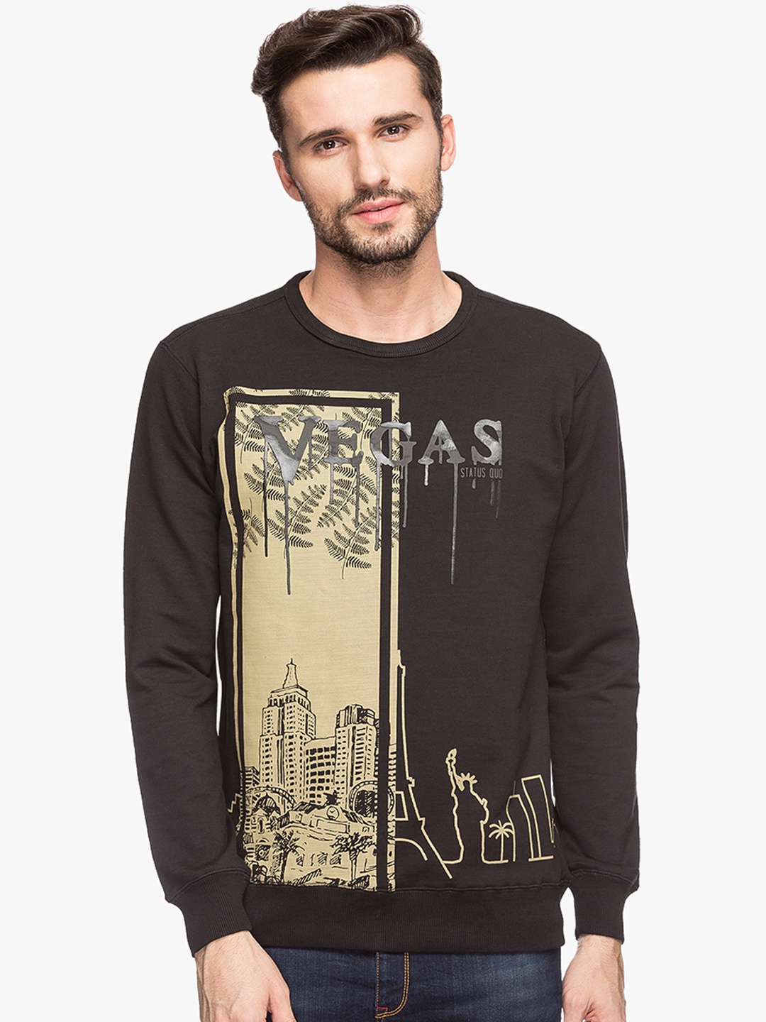 Status Quo Men Black Slim Fit Printed Sweatshirt