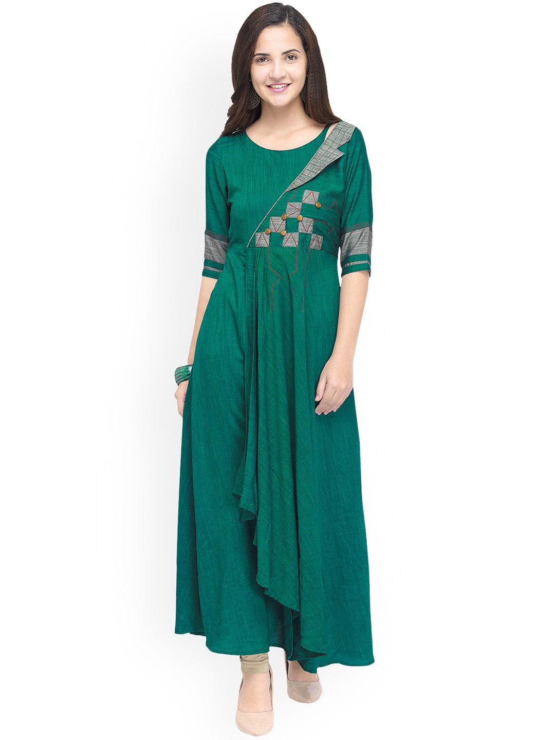 

Kvsfab Women Green & Grey Printed A-Line Kurta