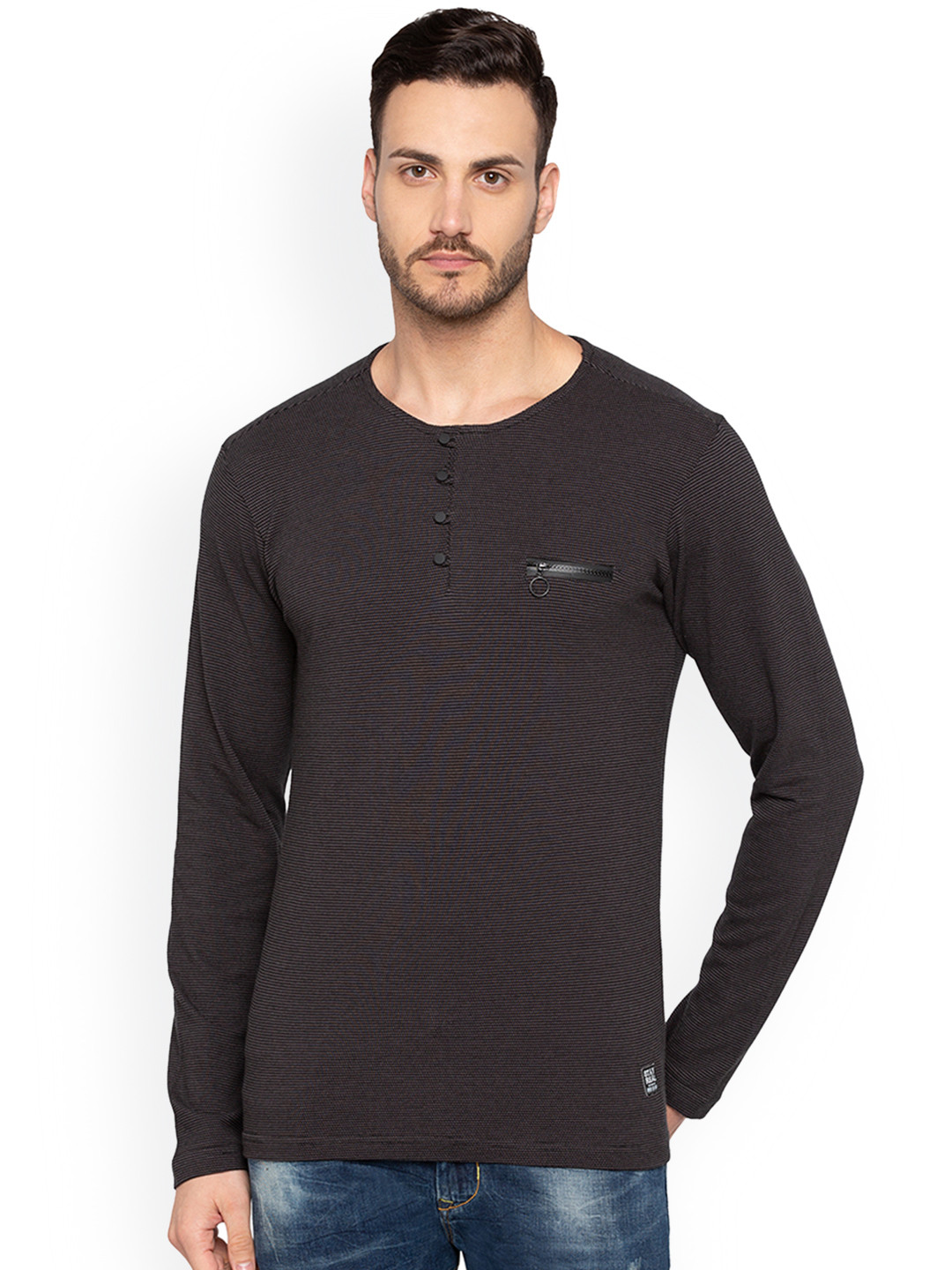 

Status Quo Men Black Solid Henley Neck Pure Cotton T-shirt