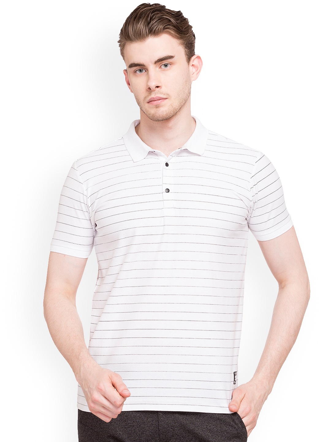 

Status Quo Men White Striped Polo Collar Pure Cotton T-shirt