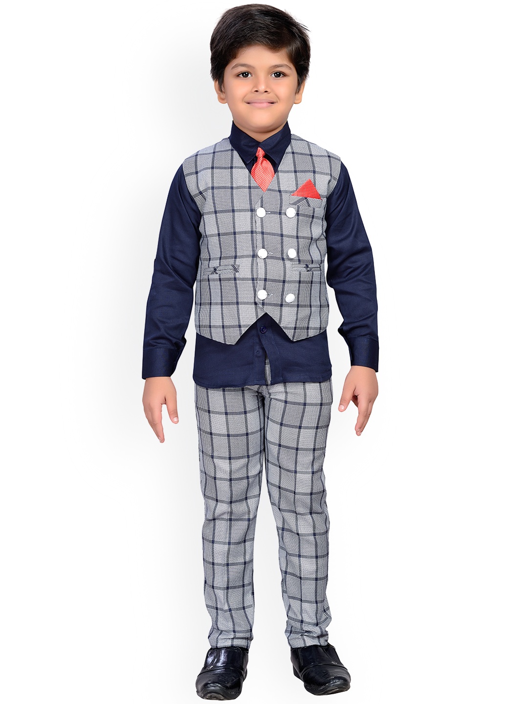 

Aj DEZInES Boys Blue & Grey Solid Shirt with Trousers