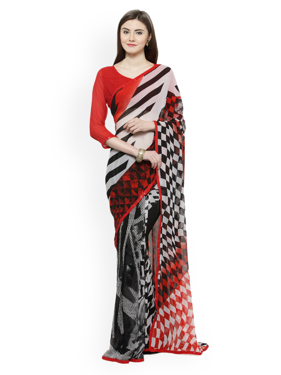 

Shaily Red & Black Pure Georgette Printed Saree