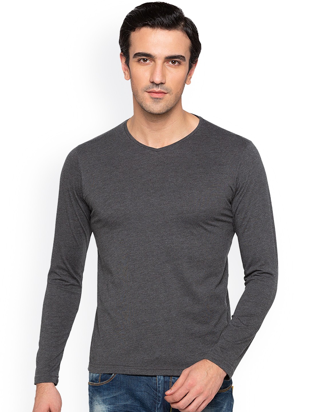 

Status Quo Men Grey Solid V-Neck Slim Fit Pure Cotton T-shirt