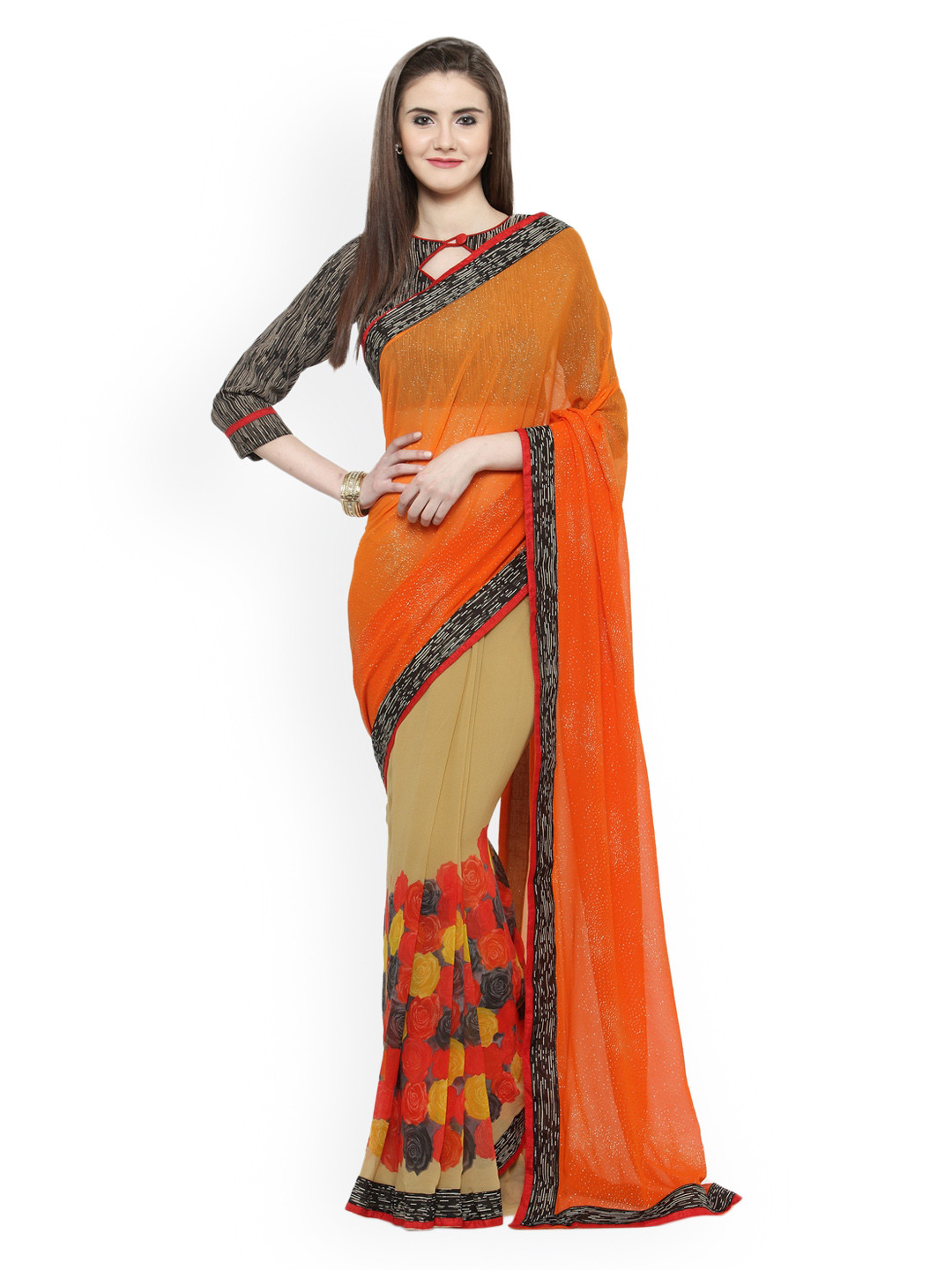 

Shaily Orange Printed Pure Georgette Saree