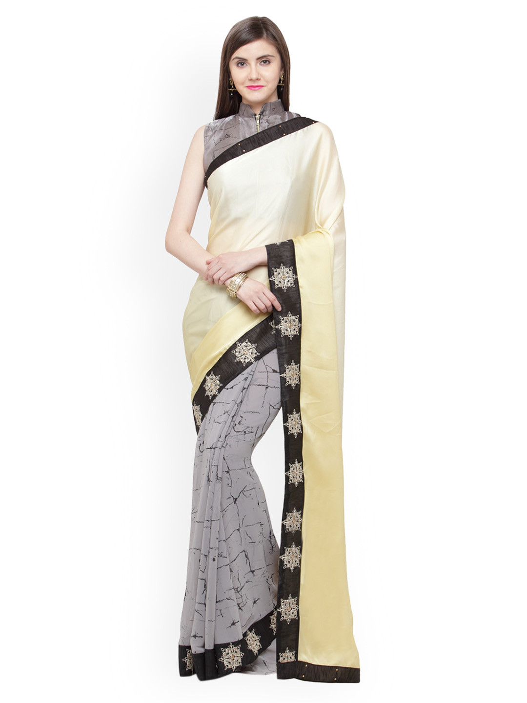 

Shaily Beige & Grey Satin Solid Saree