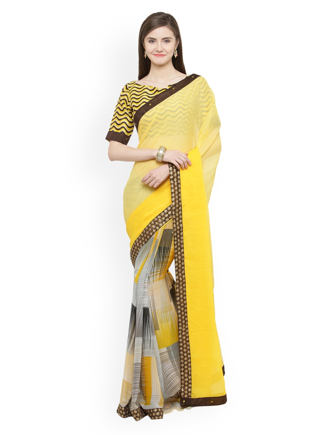 

Shaily Yellow & Grey Pure Georgette Solid Saree