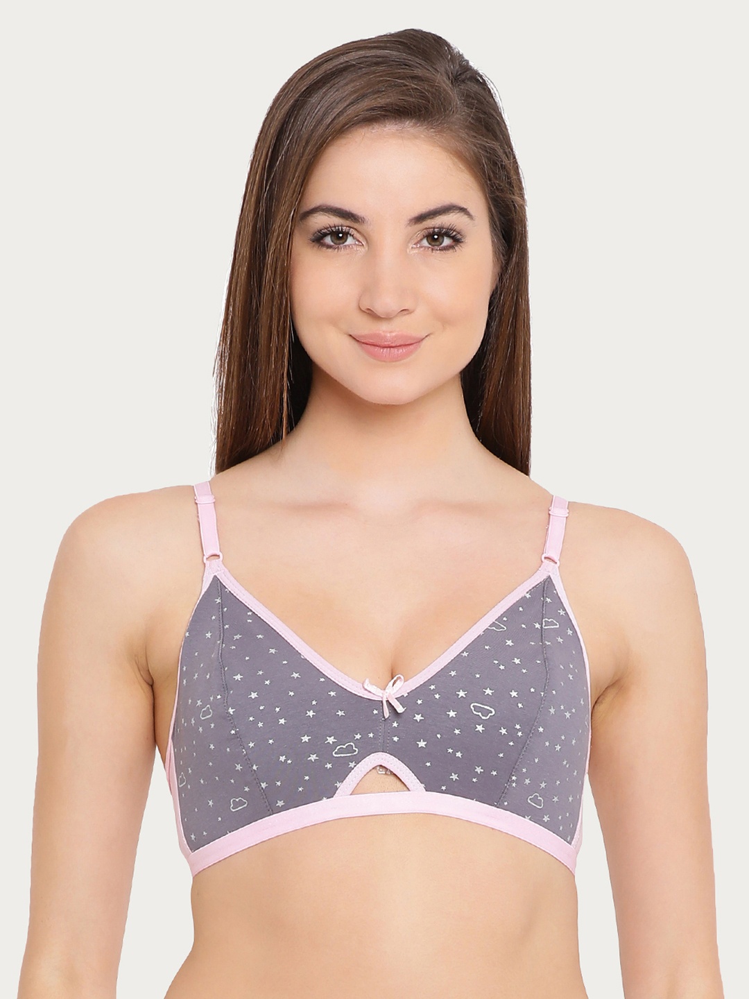 

Clovia Cotton Non-Padded Non-Wired Star Print Bra, Charcoal
