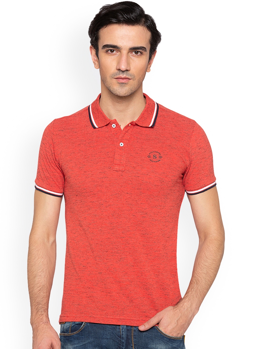 

Status Quo Men Coral Pink Solid Slim Fit Polo Collar Pure Cotton T-shirt