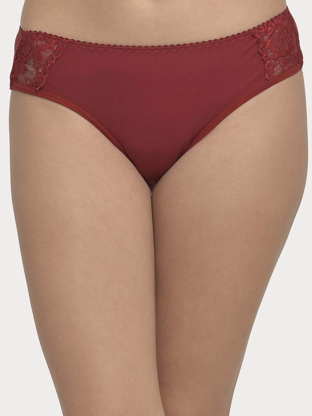 

Clovia Cotton Mid Waist Hipster Breifs with Lace Panels, Maroon