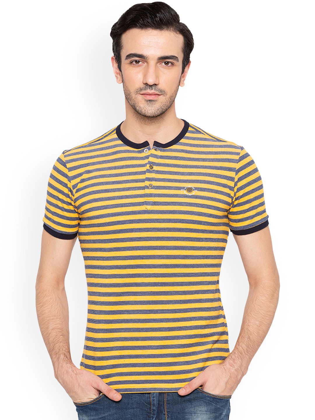 

Status Quo Men Yellow Blue Slim Fit Striped Henley Neck Pure Cotton T-shirt