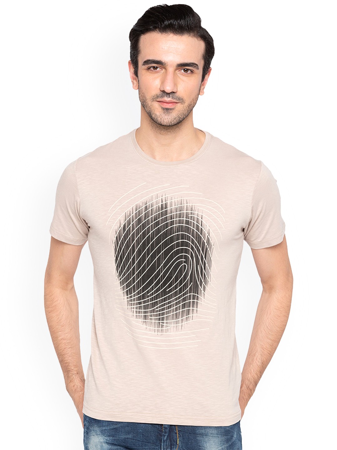 

Status Quo Men Beige Printed Round Neck Slim Fit Pure Cotton T-shirt