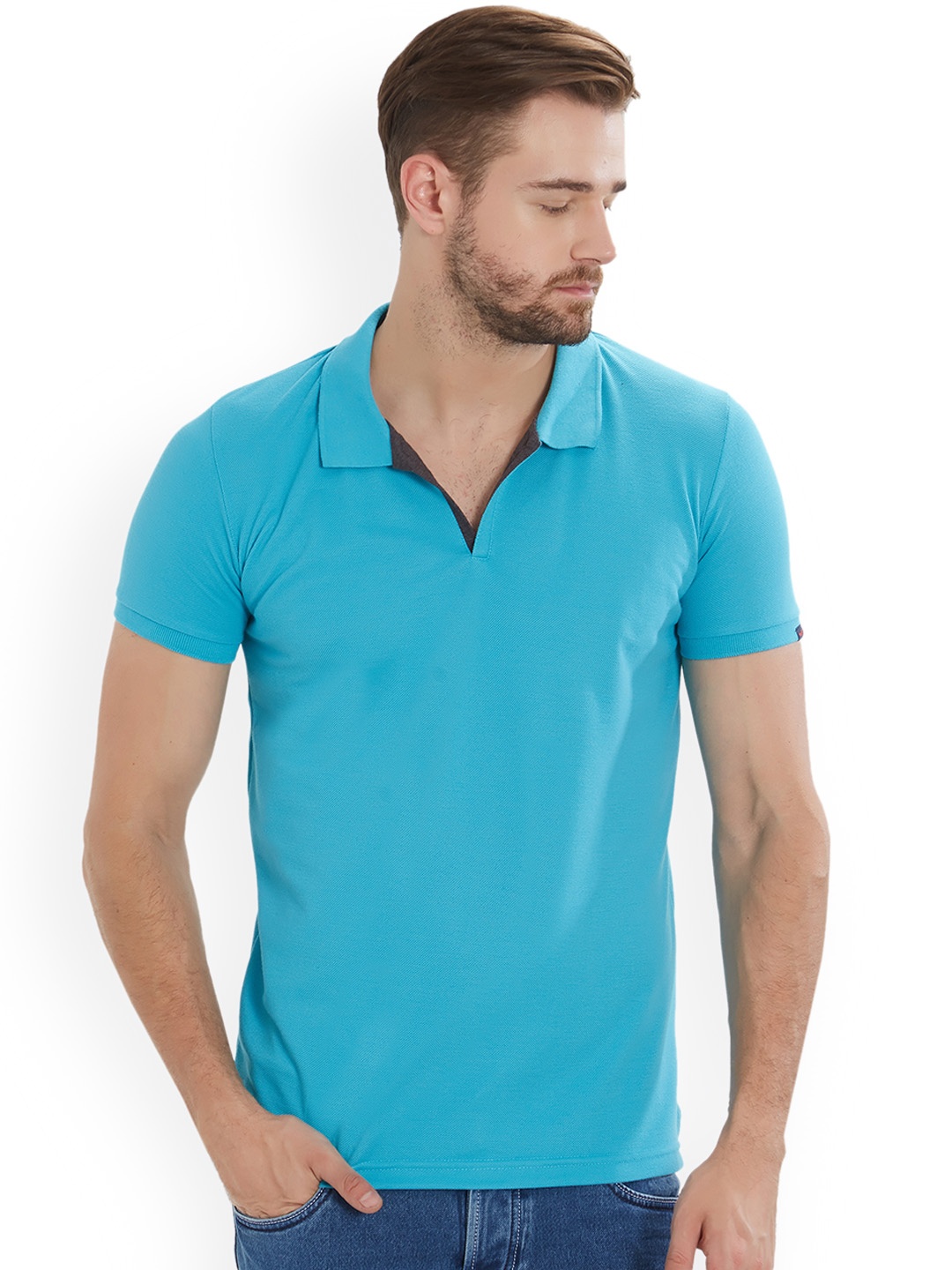 

Status Quo Men Turquoise Blue Solid Slim Fit Polo Collar Pure Cotton T-shirt