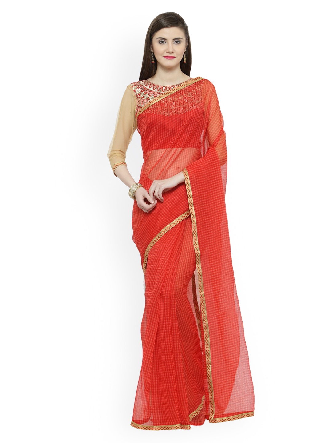 

Shaily Red Checked Cotton Blend Saree