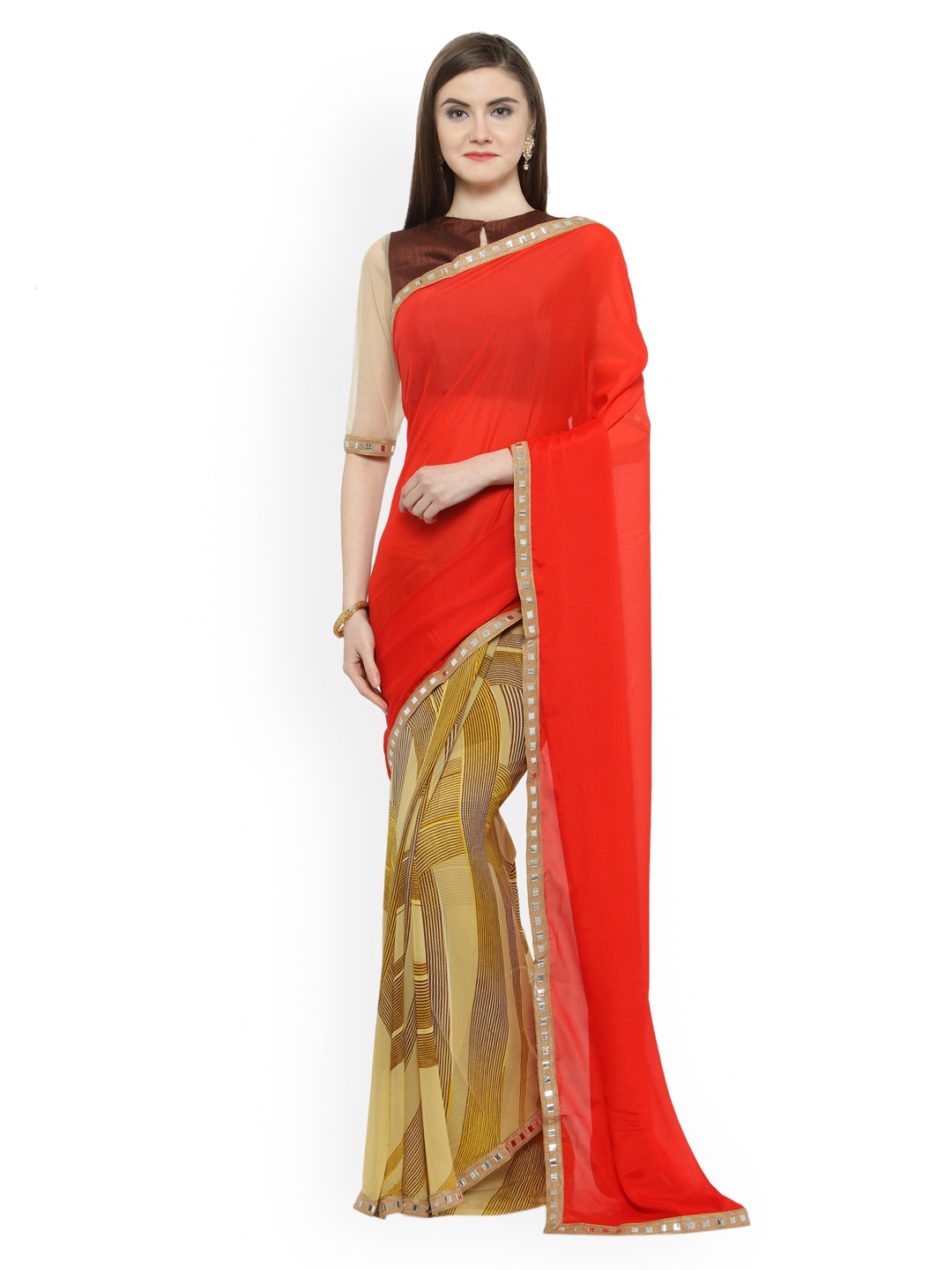 

Shaily Red & Beige Pure Georgette Solid Saree