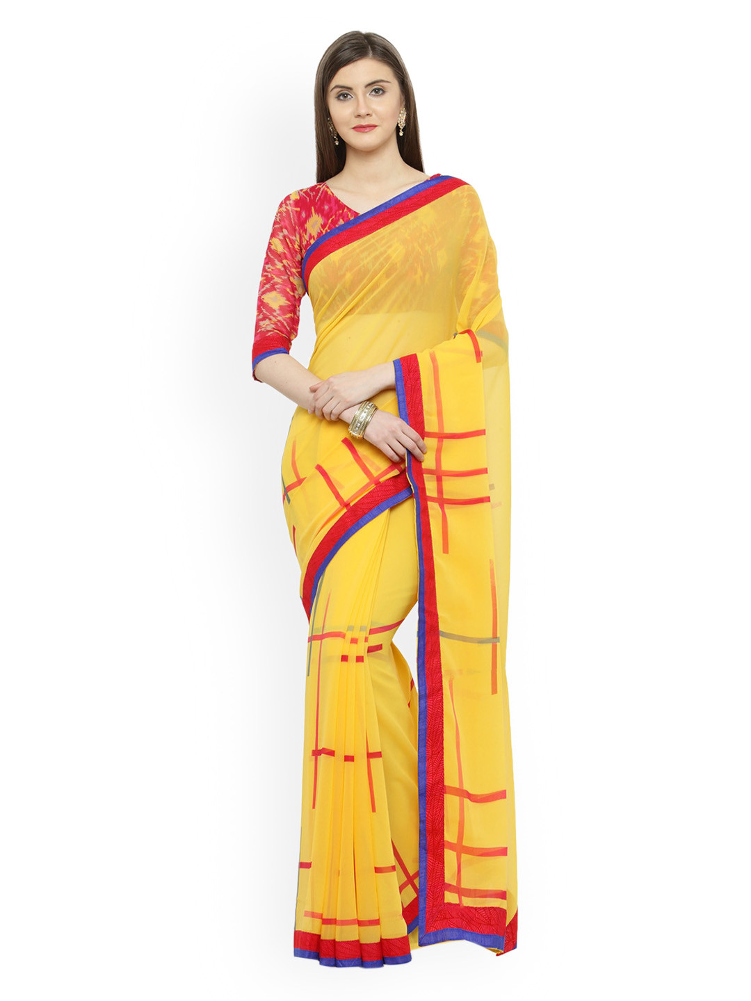 

Shaily Yellow & Red Pure Georgette Printed Saree