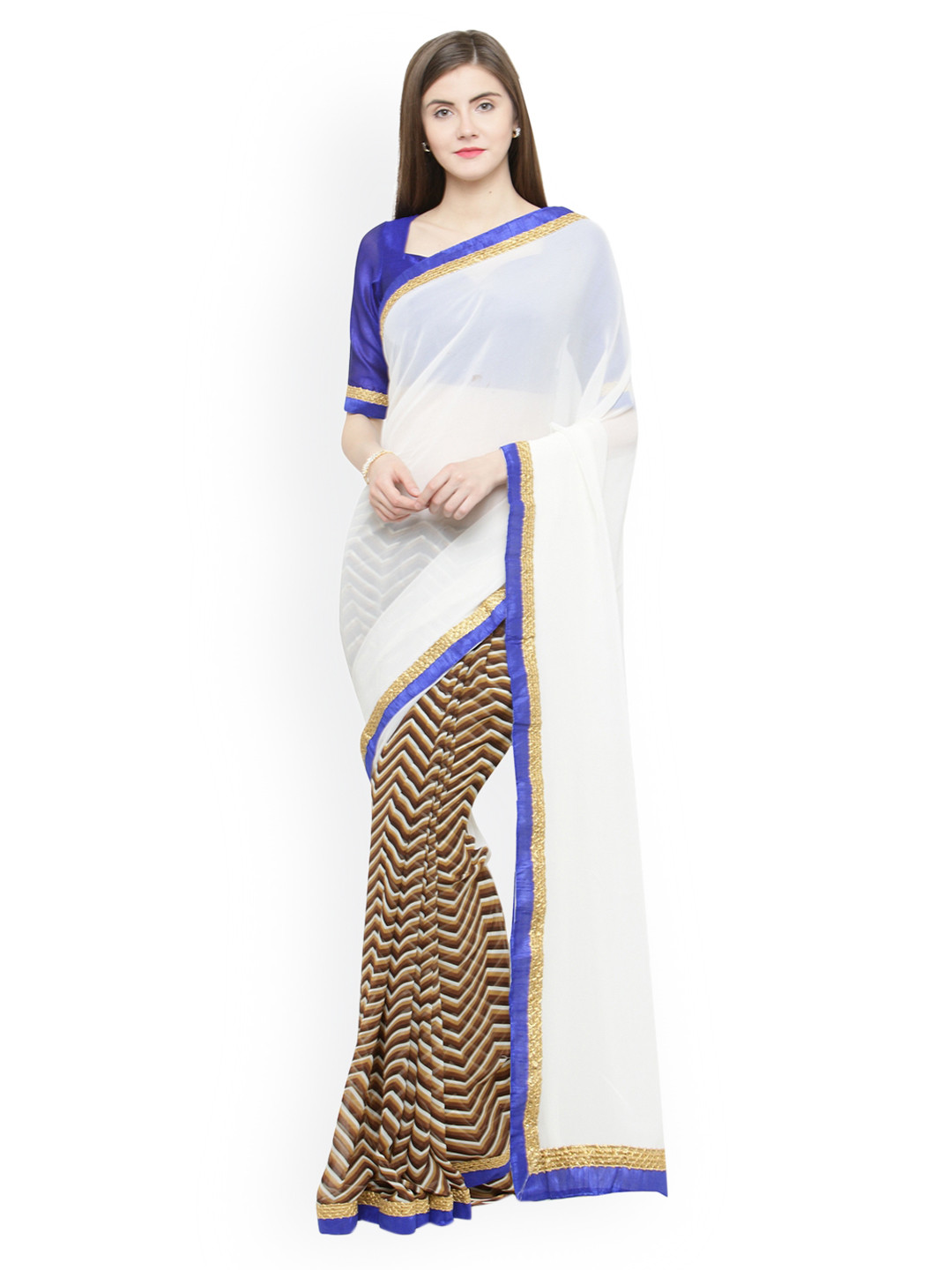 

Shaily White & Beige Pure Georgette Solid Saree
