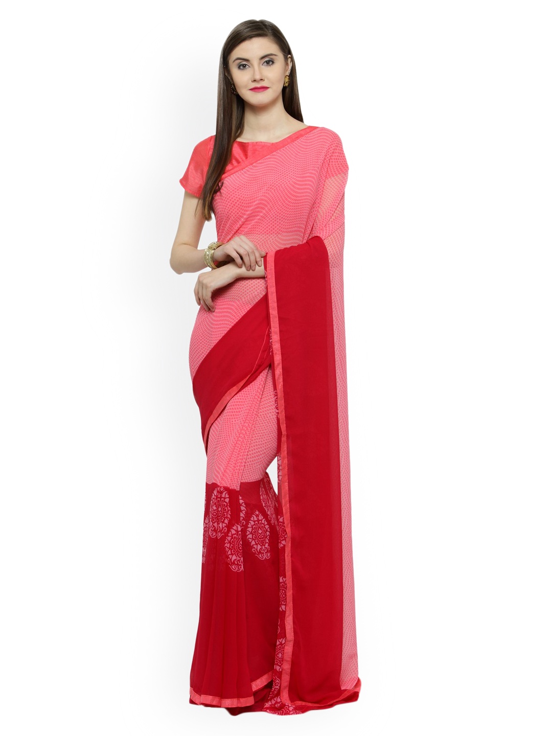 

Shaily Pink & Red Pure Georgette Colourblocked Saree