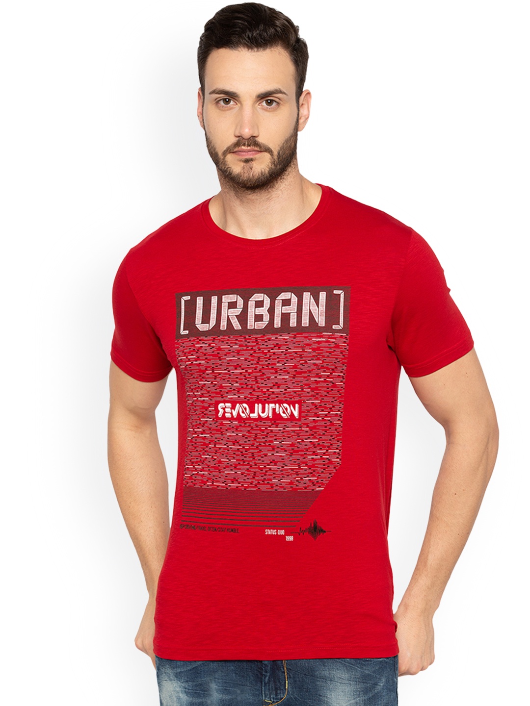 

Status Quo Men Red Printed Round Neck Pure Cotton T-shirt