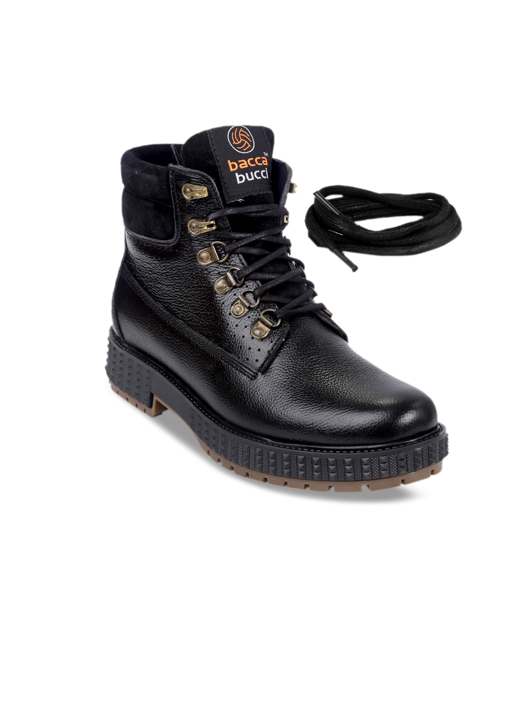 bacca bucci Men Black Solid Leather Mid-Top Flat Leather Boots