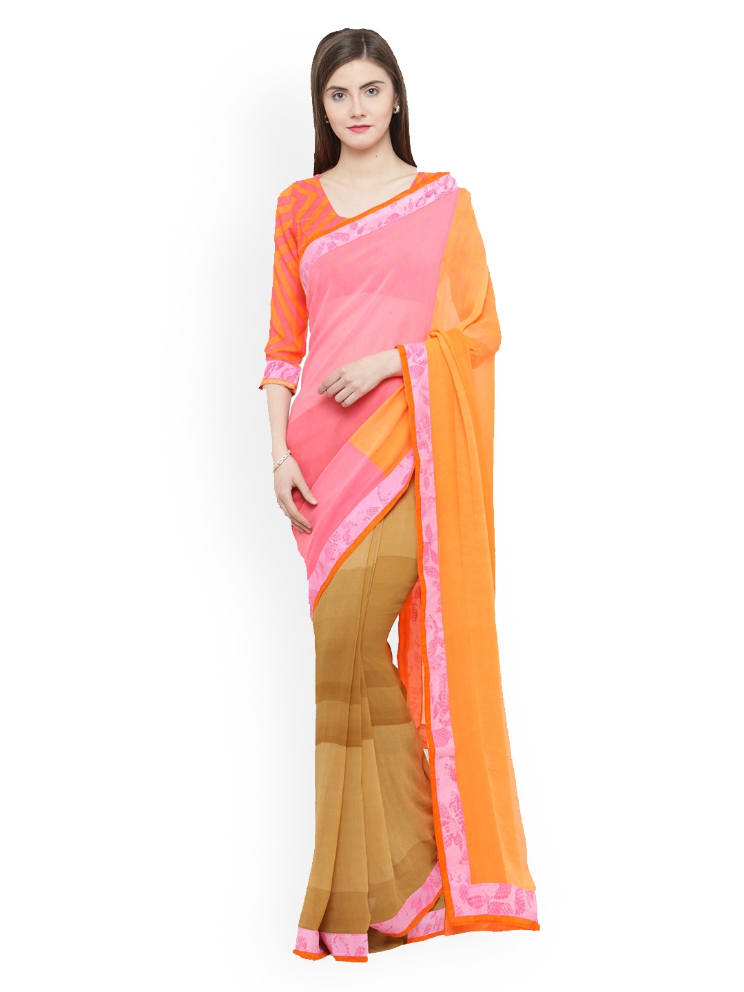 

Shaily Peach-Coloured & Beige Pure Georgette Printed Saree