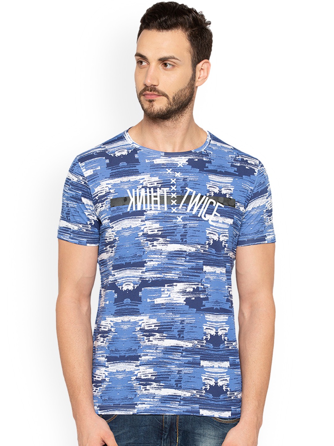 

Status Quo Men Blue Printed Slim Fit Round Neck Pure Cotton T-shirt