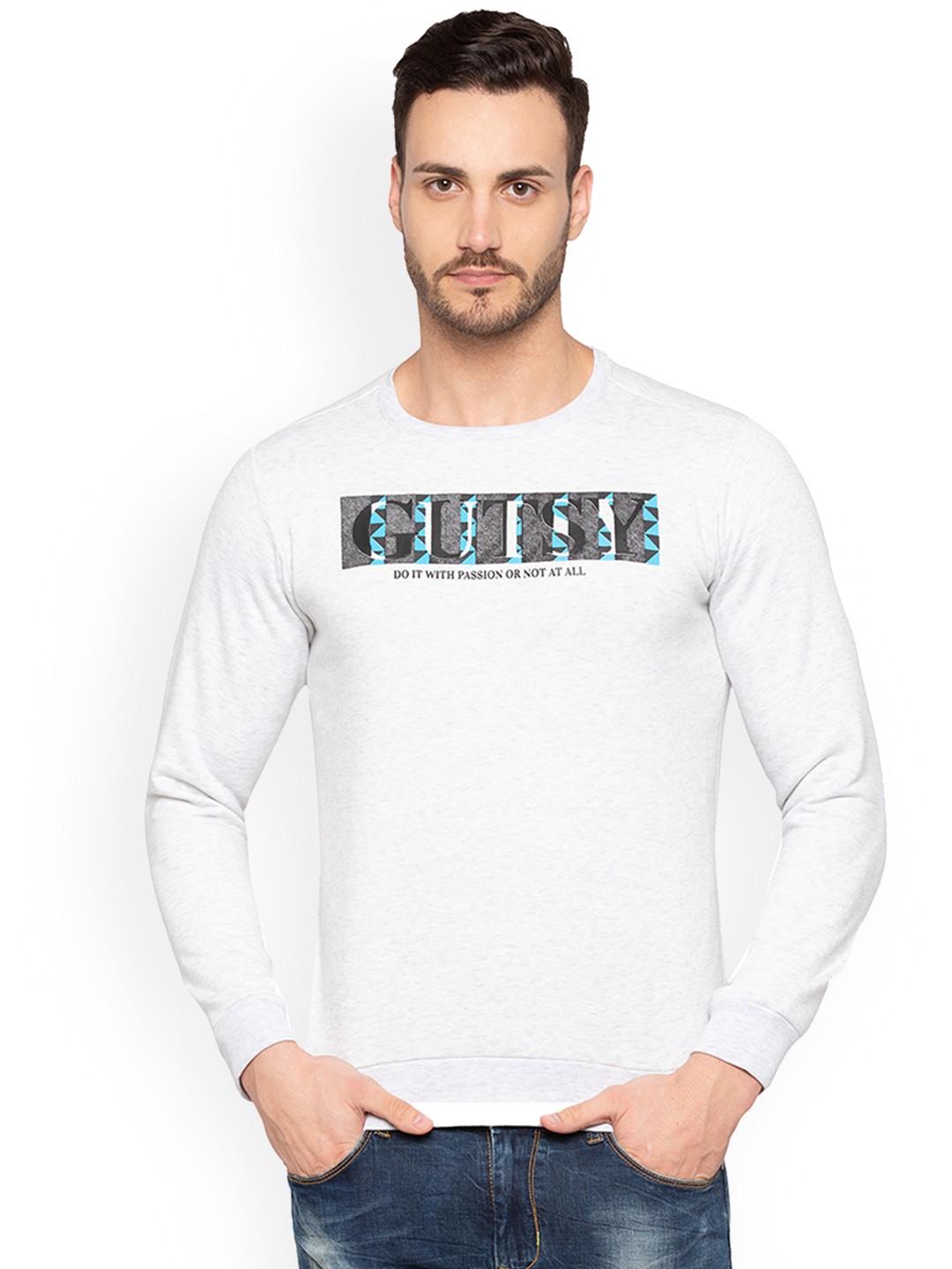 

Status Quo Men White & Grey Slim Fit Printed Sweatshirt