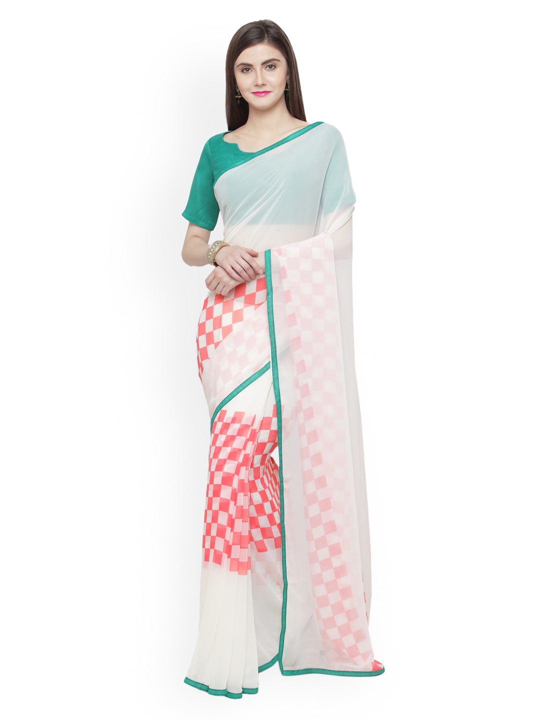 

Shaily White & Pink Pure Georgette Printed Saree
