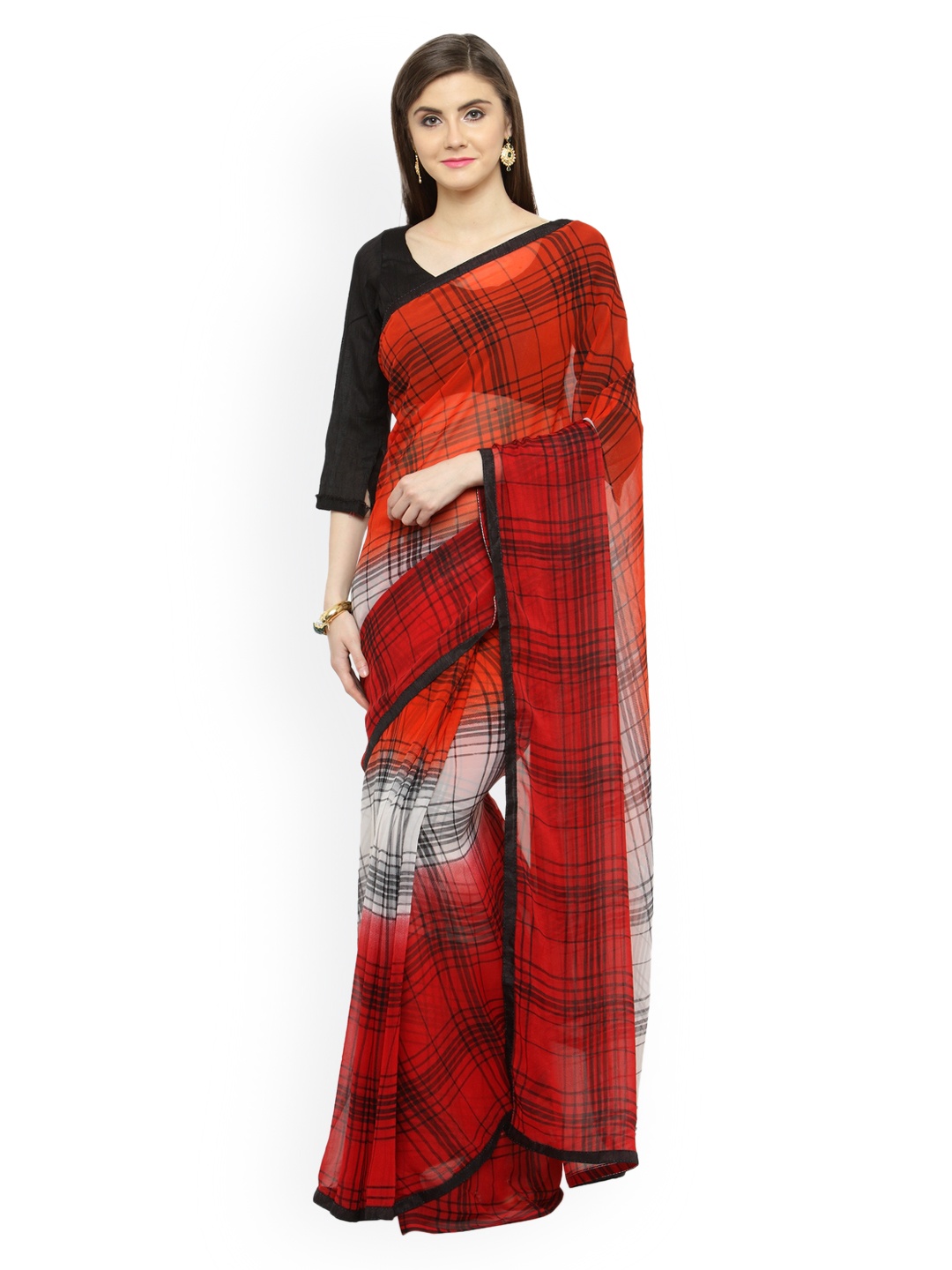 

Shaily Orange & Red Pure Georgette Checked Saree