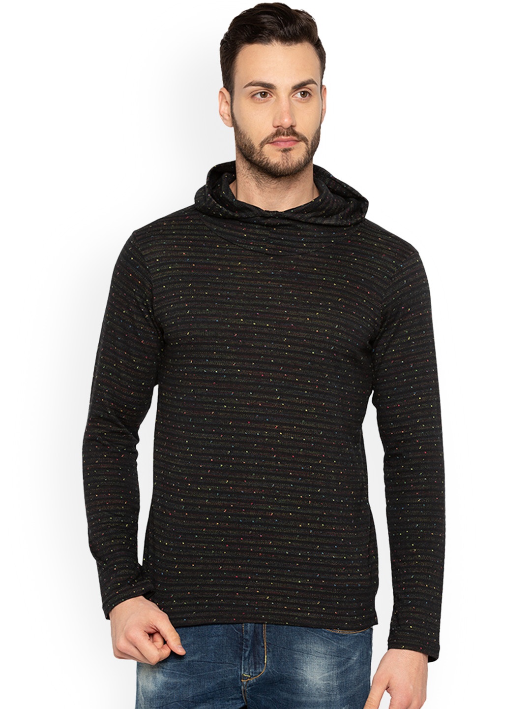 

Status Quo Men Black Self Design Hooded Sweatshirt