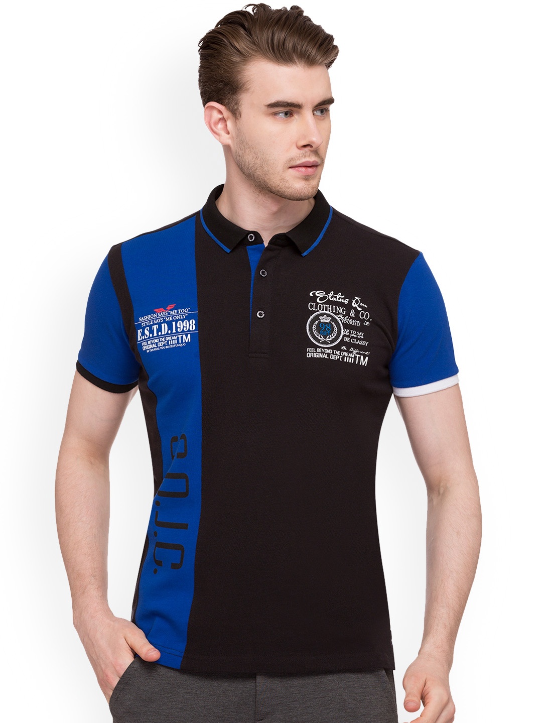 

Status Quo Men Black Colourblocked Polo Collar Pure Cotton T-shirt