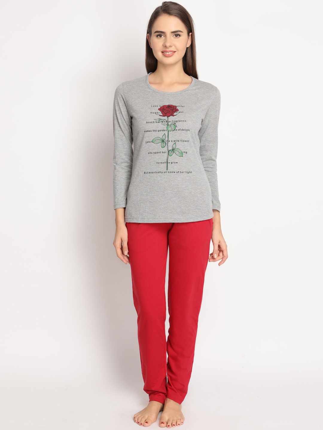 

Clovia Women Grey & Red Printed Night suit