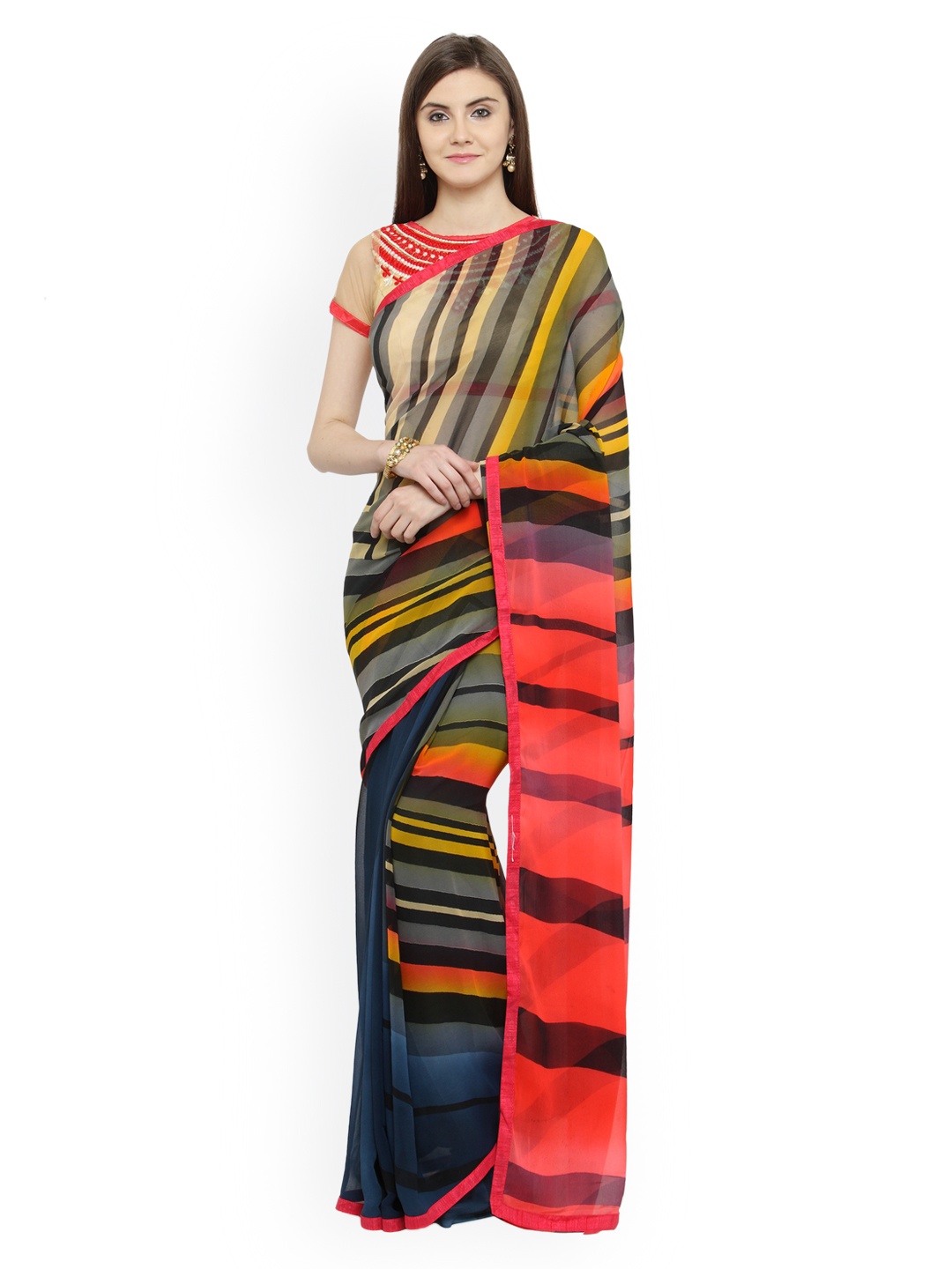 

Shaily Grey & Red Pure Georgette Striped Saree