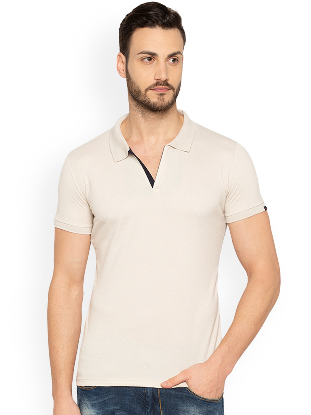 

Status Quo Men Beige Solid Polo Collar Slim Fit T-shirt