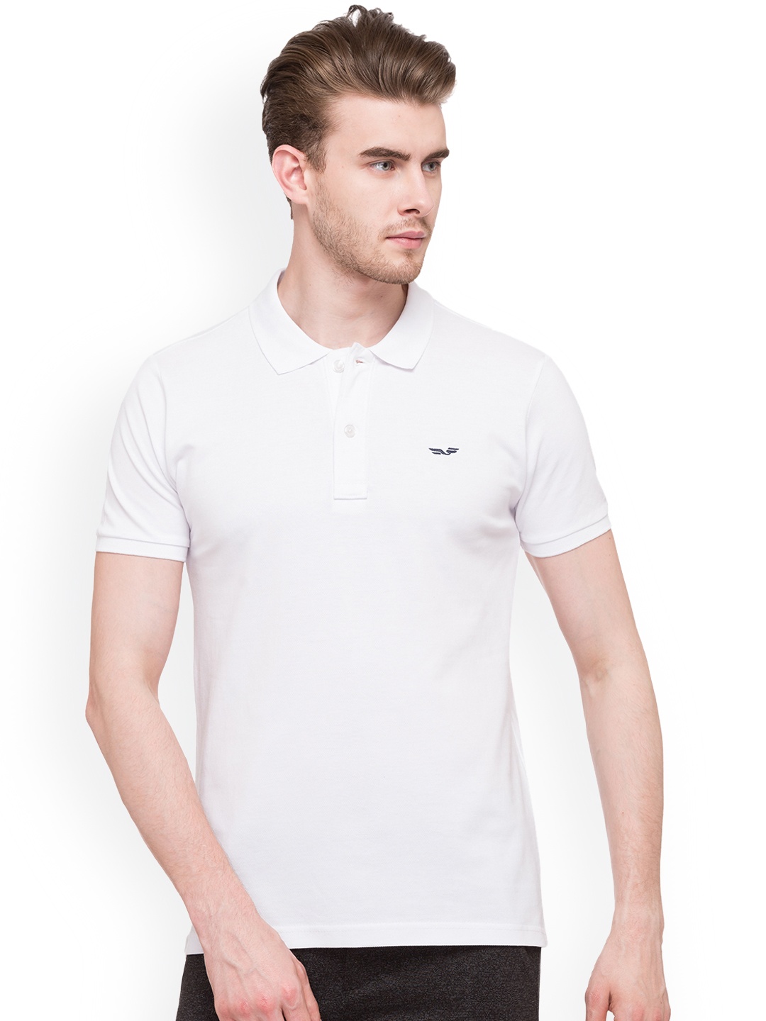

Status Quo Men White Solid Polo Collar Slim Fit Pure Cotton T-shirt