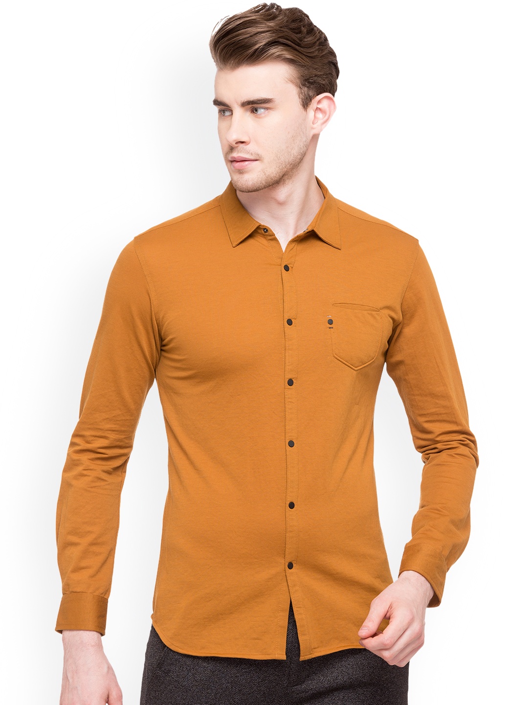 

Status Quo Men Mustard Yellow Comfort Slim Fit Solid Casual Shirt