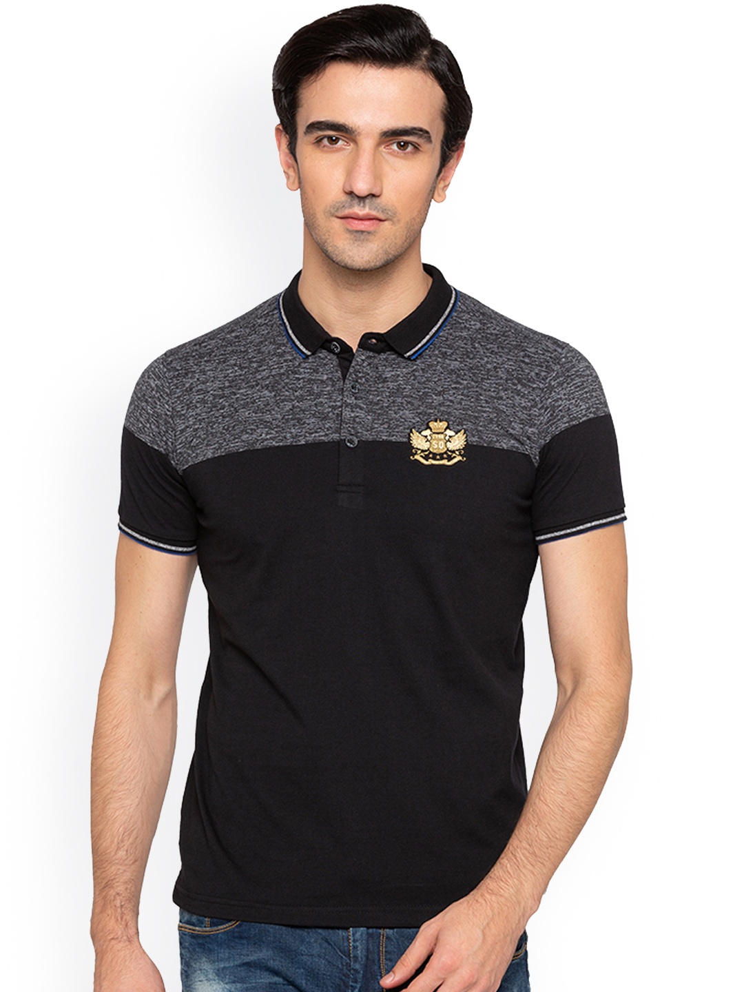 

Status Quo Men Black Colourblocked Polo Collar Pure Cotton T-shirt