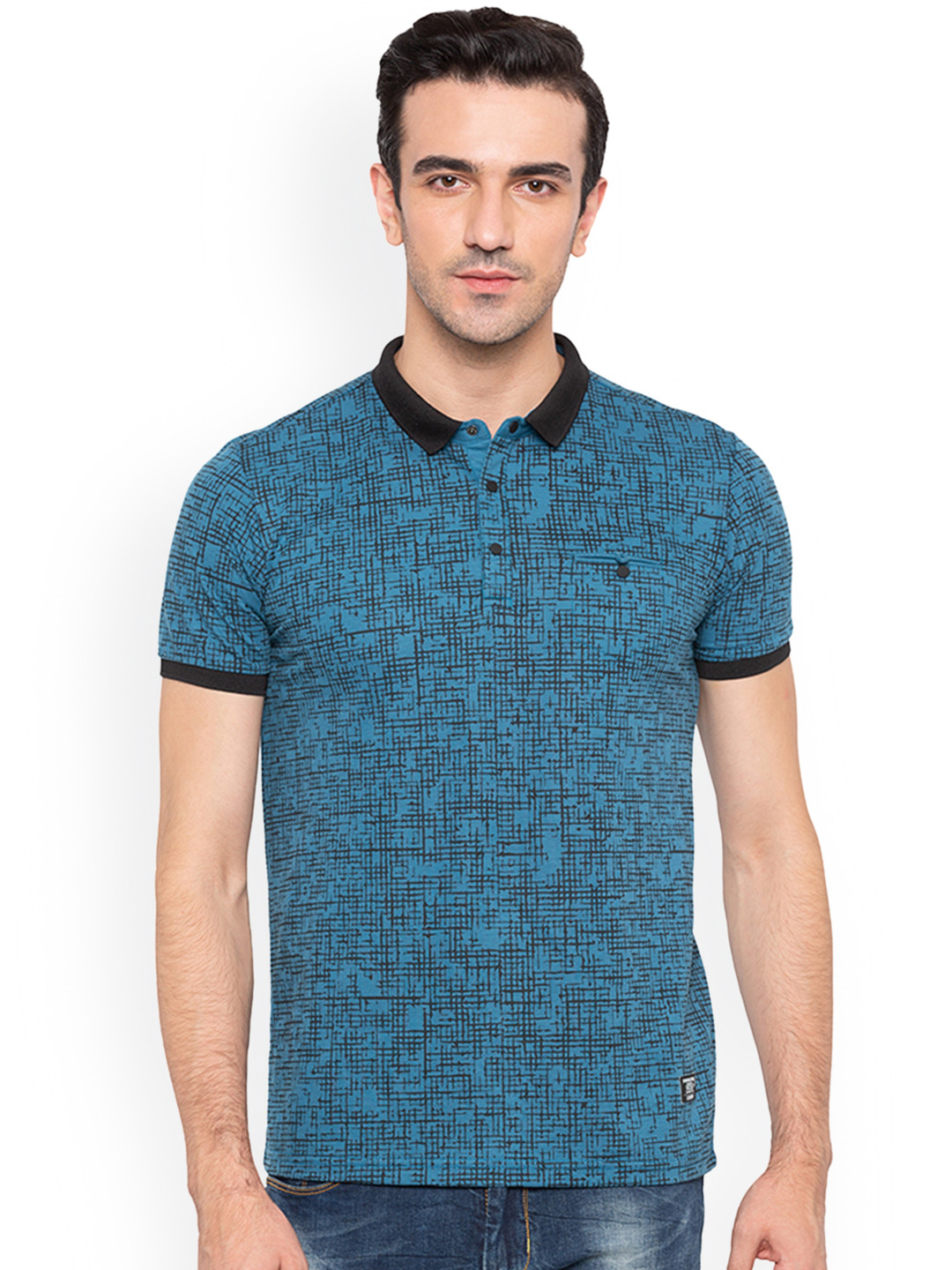 

Status Quo Men Teal Printed Polo Collar Pure Cotton T-shirt