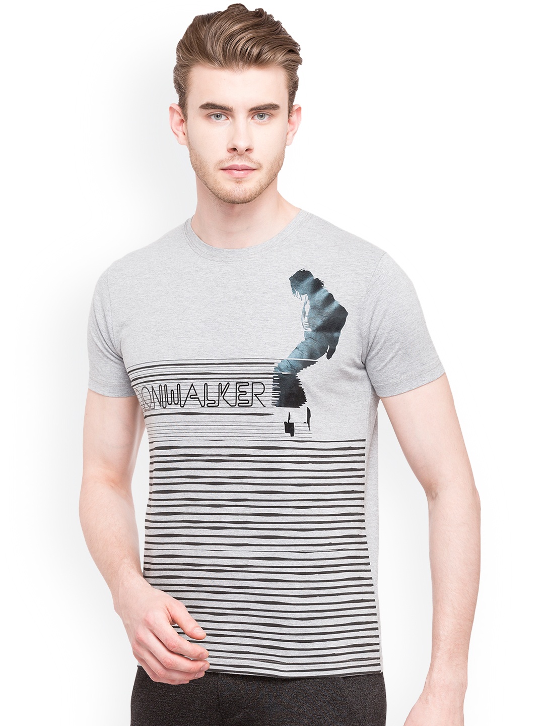 

Status Quo Men Grey Striped Round Neck Slim Fit Pure Cotton T-shirt