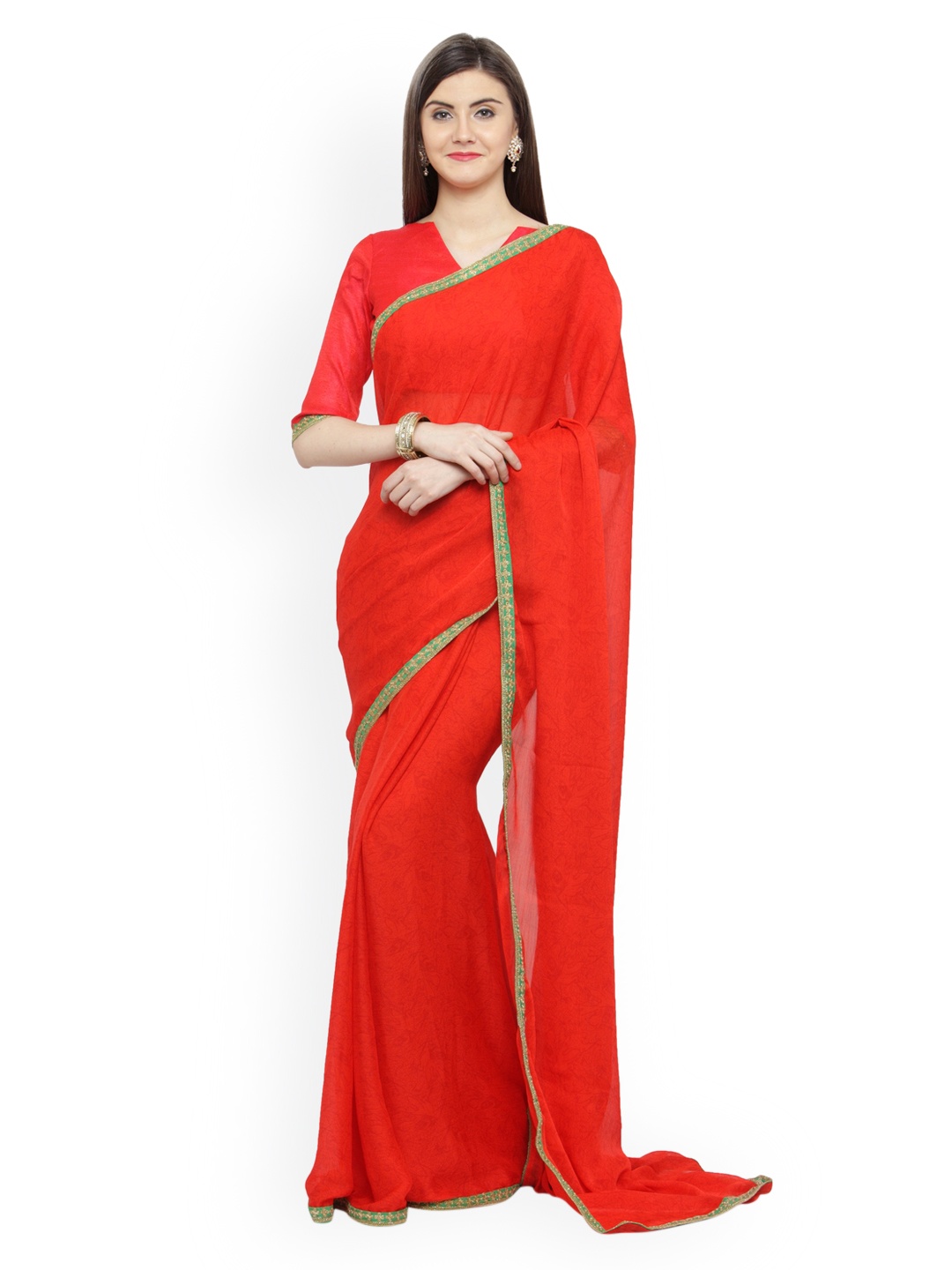 

Shaily Coral Red Solid Saree