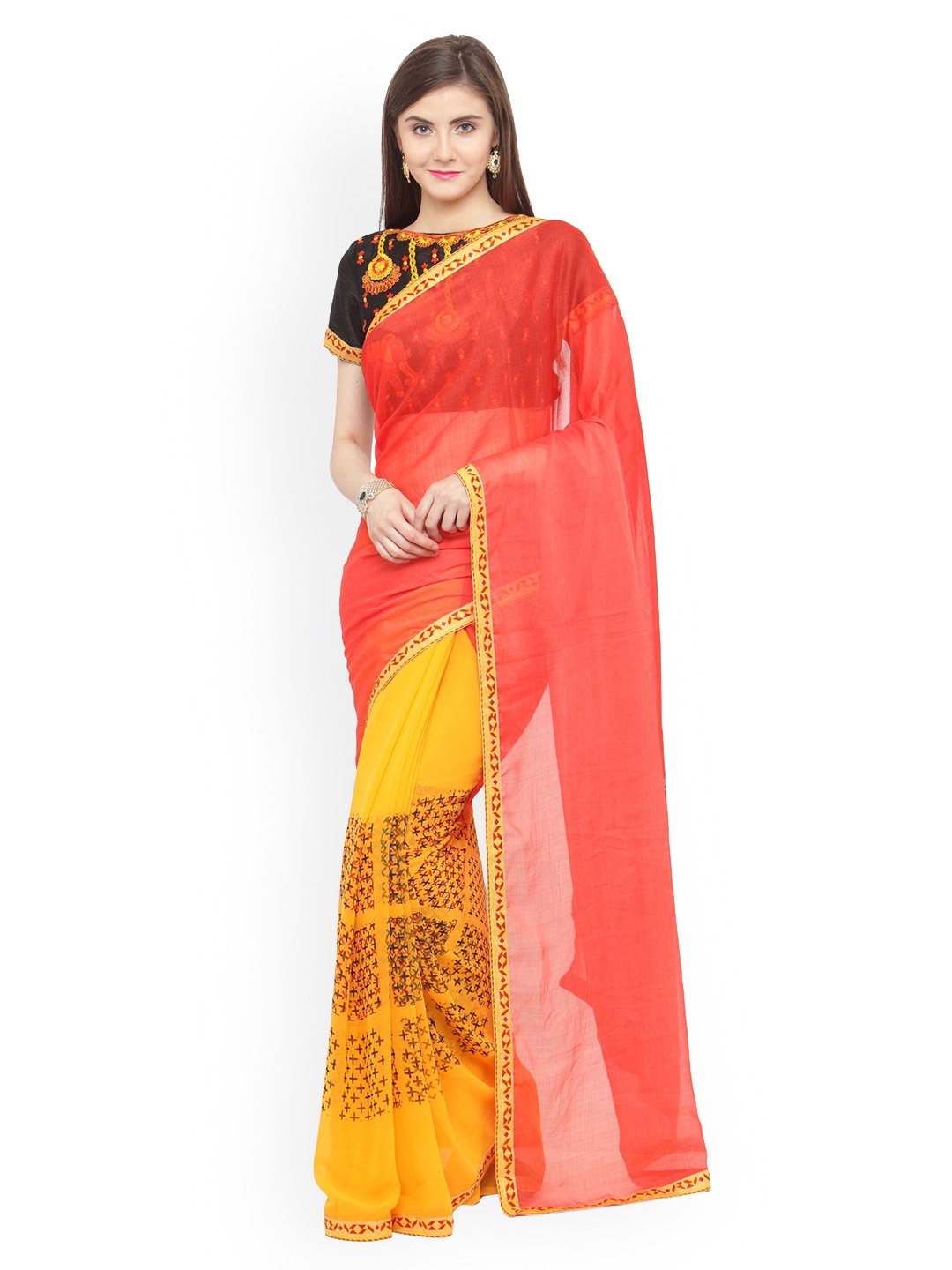 

Shaily Peach-Coloured & Yellow Pure Georgette Printed Saree